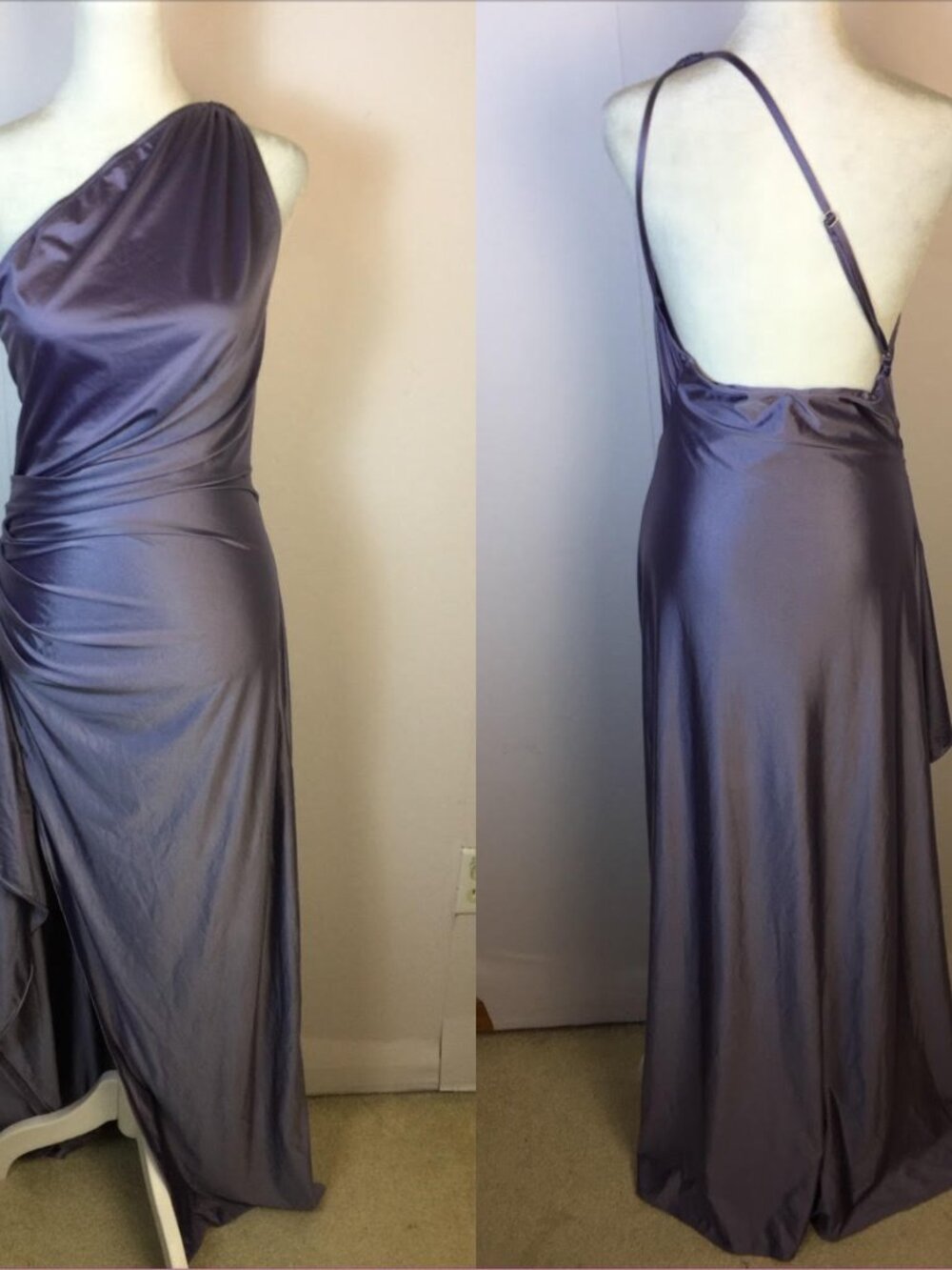 Vintage Y2K Gown Sz M Womans Purple One Shoulder Open Back Side Ruched Stretch